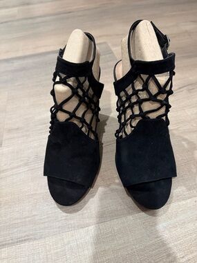 Black Suede Lattice Ankle Strap Heels